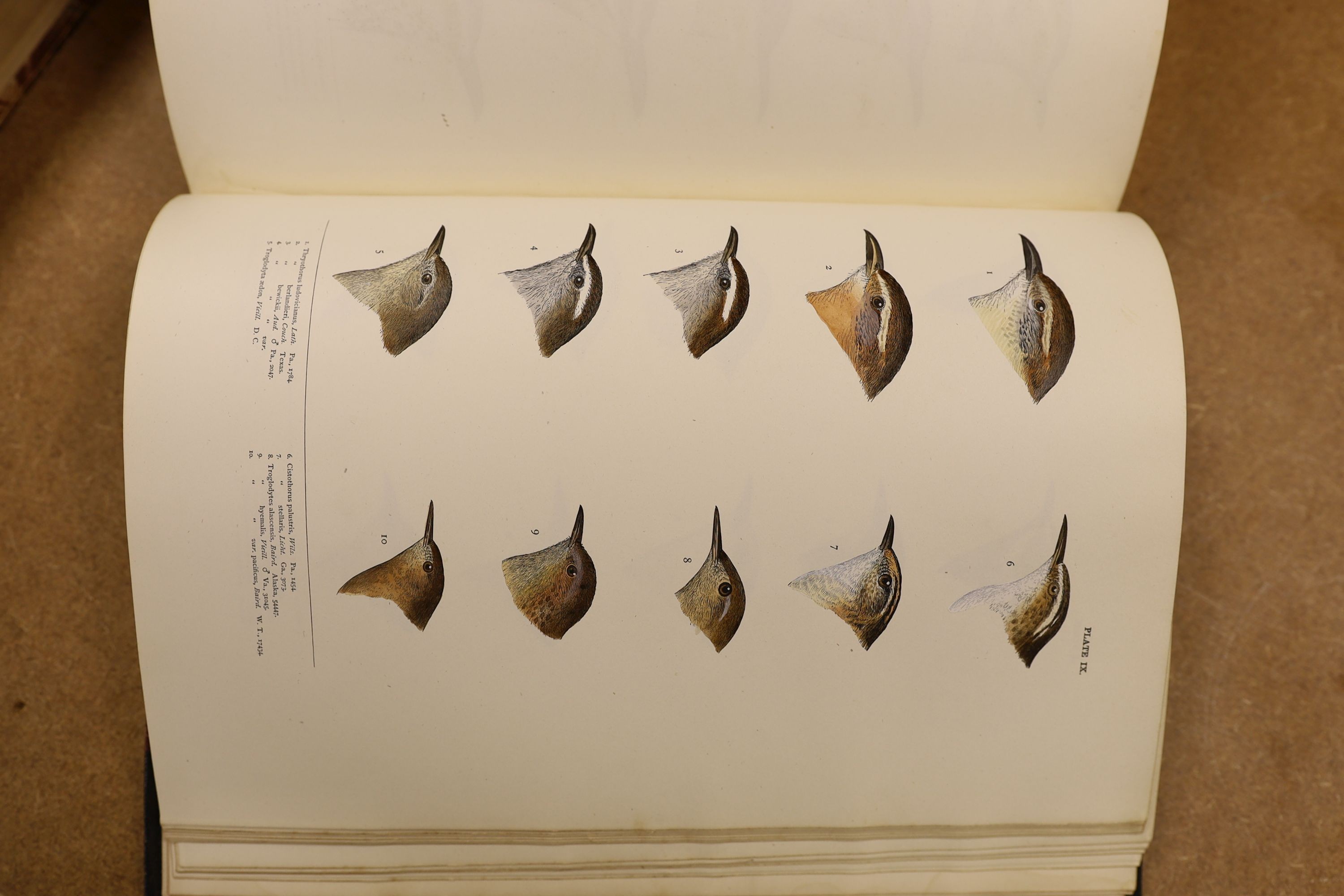 Baird, S.F. & Others - A History of North America Birds: Land Birds, 3 vols., coloured plates and other illus.; old half leather and marbled boards, gilt tops and marbled e/ps., 4to.